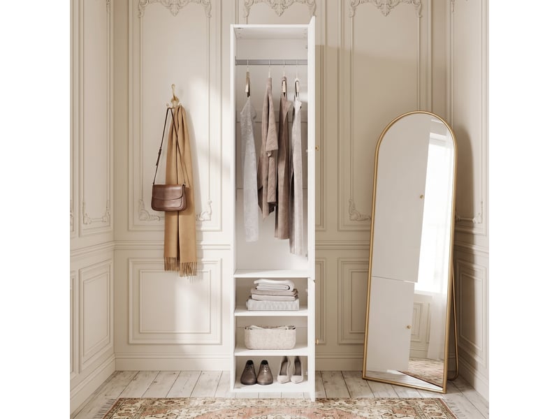 Armoire haute 1 porte 45 x 50 x 200 cm, porte à lames, tringle et 3 compartiments, pour chambre, panneaux de particules, blanc OMNIGLINT TRADING LTD - Conforama E
