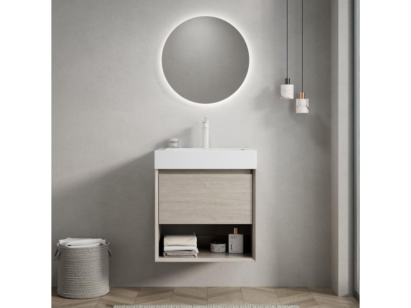  Meuble sous vasque - luz - 55cm - résine blanche - chêne clair - 1 tiroir - 1 étagère 55x46x60cm - Conforama D