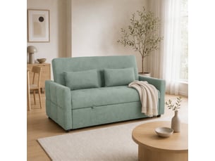Canapé convertible 2 places dossier inclinable 3 positions pans latéraux effet capitonné 2 coussins tissu vert sauge