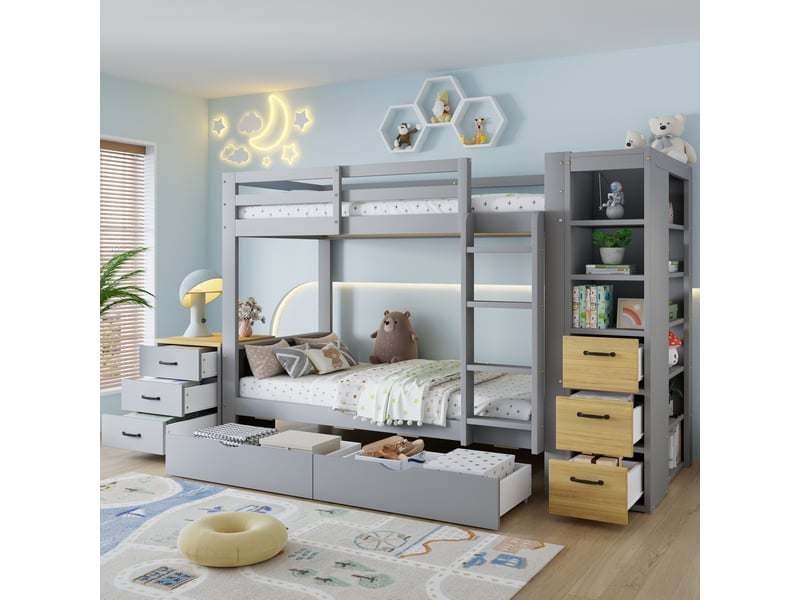 Lit superposé 90 × 200 cm 2 places avec 2 tiroirs, étagères et commode, sans matelas, en bois gris - Conforama B