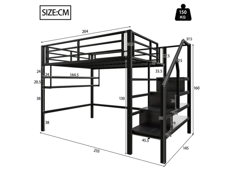  Lit mezzanine 140x200 cm coloris noir métal lit enfant noir - Conforama C