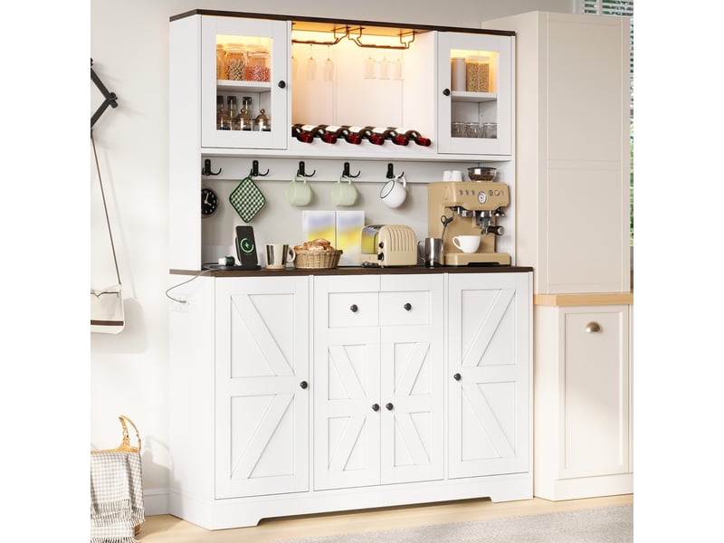  Buffet de cuisine - 140x40x173 cm - avec éclairage led, station de charge, portes façon grange et range-bouteilles - blanc  - Conforama C