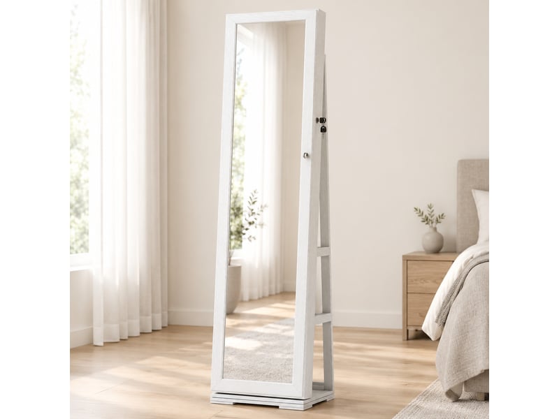  Miroir sur pied avec armoire à bijoux pivotante à 360°, mdf et verre, blanc  - Conforama D