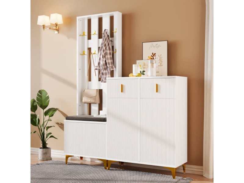 Ensemble dressing avec banc et coussins – façade avec crochets – meuble à chaussures avec tiroirs et portes - Conforama E