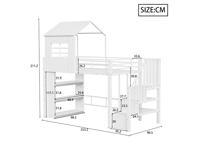 Lit mezzanine enfant 90x200 cm, forme maison, escalier réversible et rangements  - Conforama E