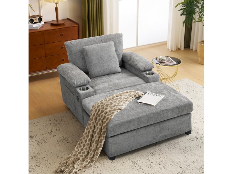  Fauteuil convertible modenvie en tissu chenille gris avec repose-pieds pivotant à 90°, porte-gobelet, rangements et fonction usb, 98 x 148 x 83 cm  - Conforama D