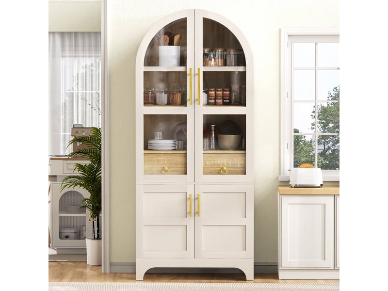 Buffet haut 76 x 40 x 180 cm, verre cannelé, grand tiroir et étagères réglables, blanc Jamama eleni - Conforama B