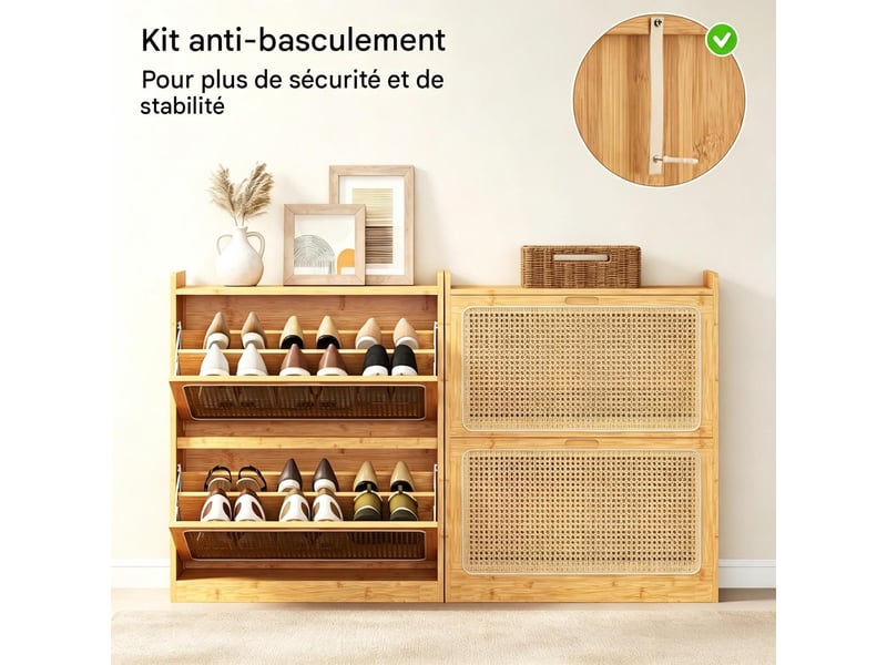  Meuble à chaussures 2 portes abattantes bambou et rotin pe 69x29x83 cm  - Conforama E