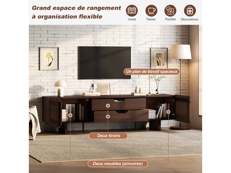  Meuble tv moderne 75, avec grand espace de rangement, 180×40×45 cm, pour salon et chambre, couleur noyer  - Conforama D