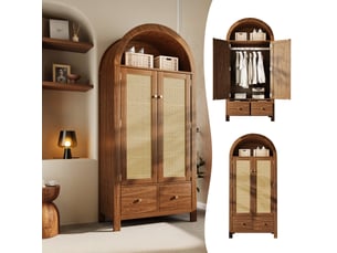 Vestiaire entrée 181cm, armoire avec portes courbées, tringle à vêtements et tiroirs, marron