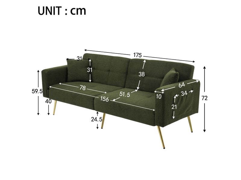  Canapé droit 2 pl convertible, clic clac, style simple, canapé confort, pied en métal, tissu bouclette vert  - Conforama C