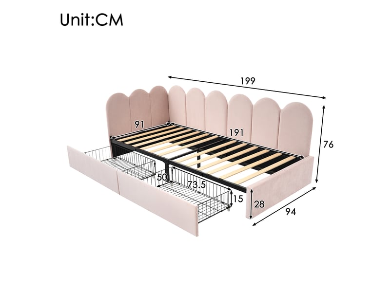  Lit banquette 90x190 cm velours rose avec tiroirs de rangement - canapé lit capitonné avec sommier  - Conforama C