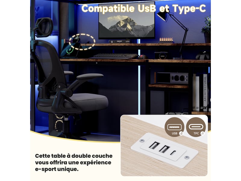  Lit mezzanine enfant 90x200 cm en métal et mdf, lit combiné avec escalier de rangement, étagères, led, usb et type-c, noir  - Conforama E