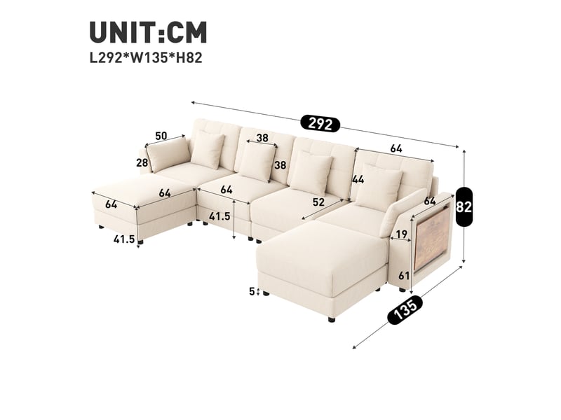  Canapé d'angle panoramique fixe 6 places tissu led beige  - Conforama C