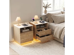 Lot de 2 tables de chevet 44x38x55cm avec led et station de charge, 2 tiroirs, en bois, chêne