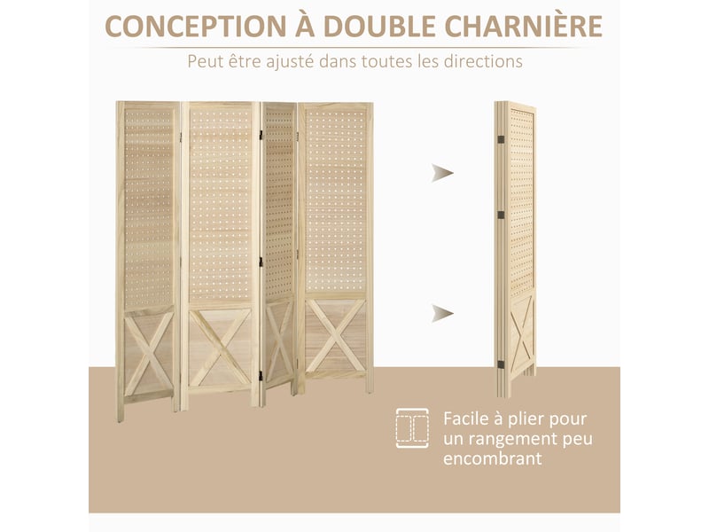  Paravent intérieur en bois 4 panneaux séparateur de pièce pliable panneau perforé bois naturel 152 x 1,7 x 144,5 cm  - Conforama R