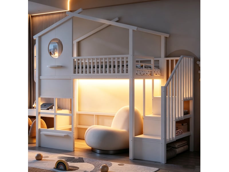 Lit mezzanine tcqpz 90 x 200 cm avec led et escalier de rangement blanc - Conforama E