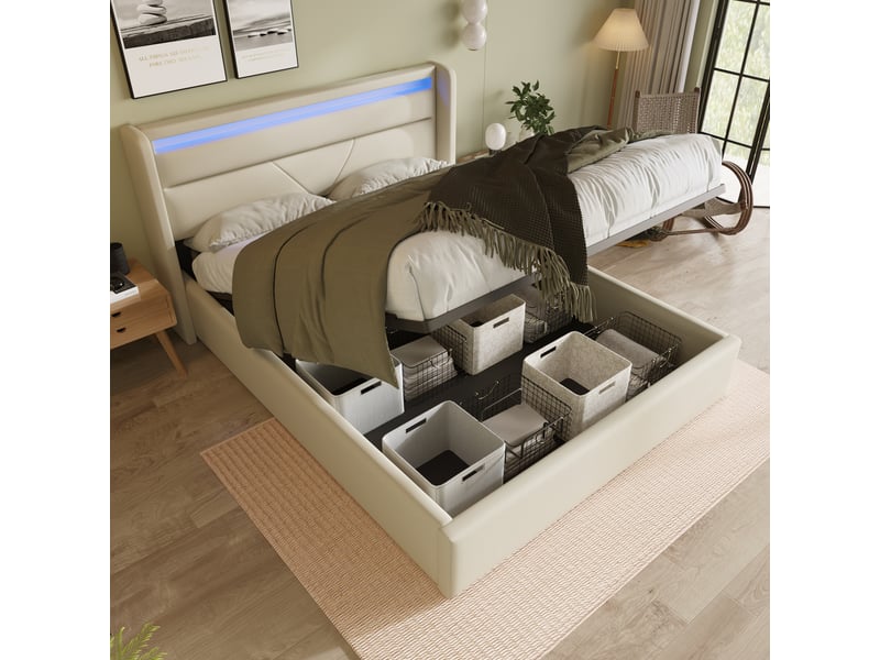  Lit coffre 140x200 cm rembourré avec rangement hydraulique, lit double avec tête de lit led télécommande, sommier à lattes inclus, pu - blanc  - Conforama D