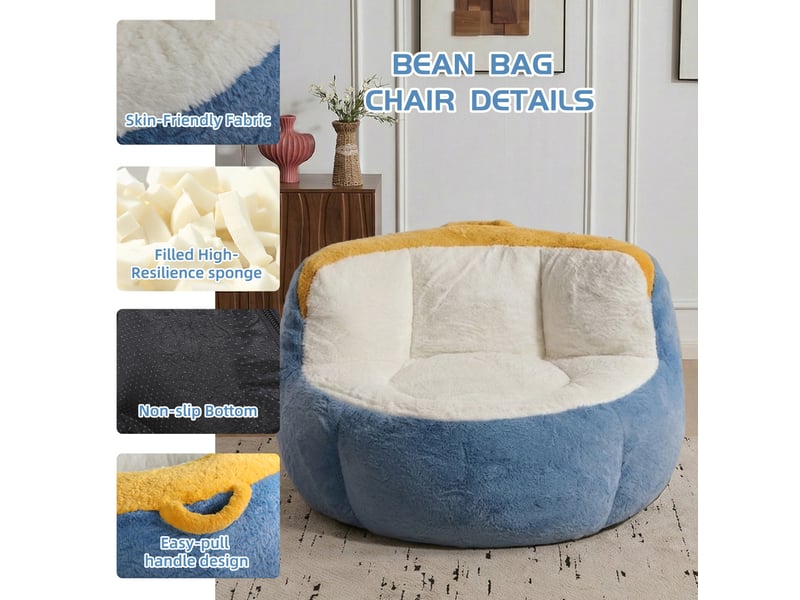  Fauteuil poire modenvie xxl en fausse fourrure bleu, blanc et jaune, mousse déchiquetée, 106 x 110 x 77 cm  - Conforama D