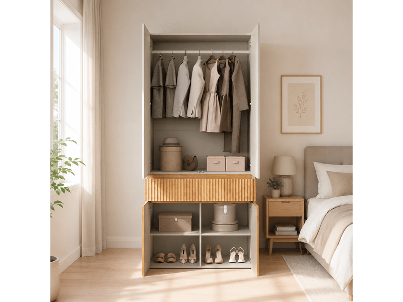 Armoire de chambre - armoire à portes battantes, 90 x 50 x 200 cm, avec 1 tringle, 1 tiroir et 4 portes, gris clair + naturel - Conforama W