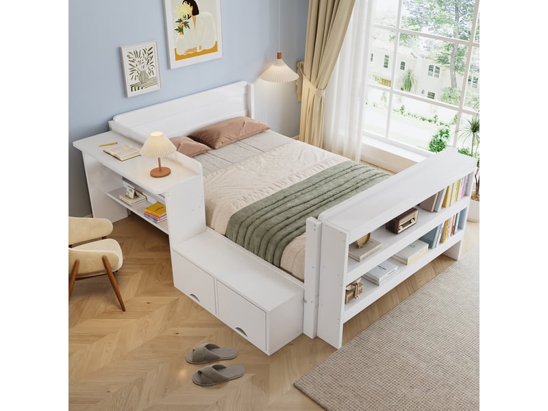  Lit combiné 120 × 200 cm 1 place avec bureau, rangement à abattant et étagère, sans matelas, en pin, blanc  - Conforama C