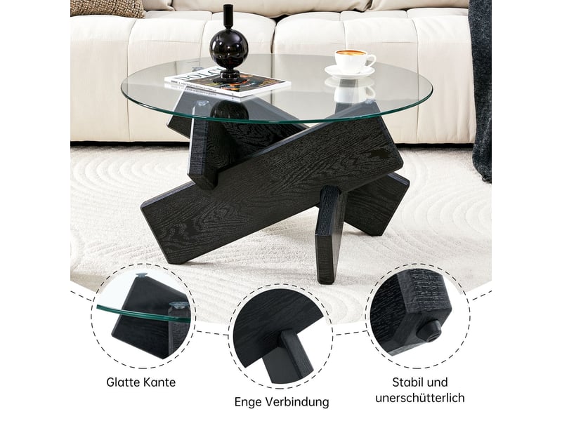  Table basse ø 79 cm, plateau verre trempé table basse salon, design épuré, pieds effet bois noir  - Conforama E