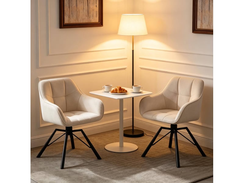 Chaise de salle à manger pivotante 57x50x82,5cm, structure métallique, dossier et accoudoirs, finition blanc crème  - Conforama E
