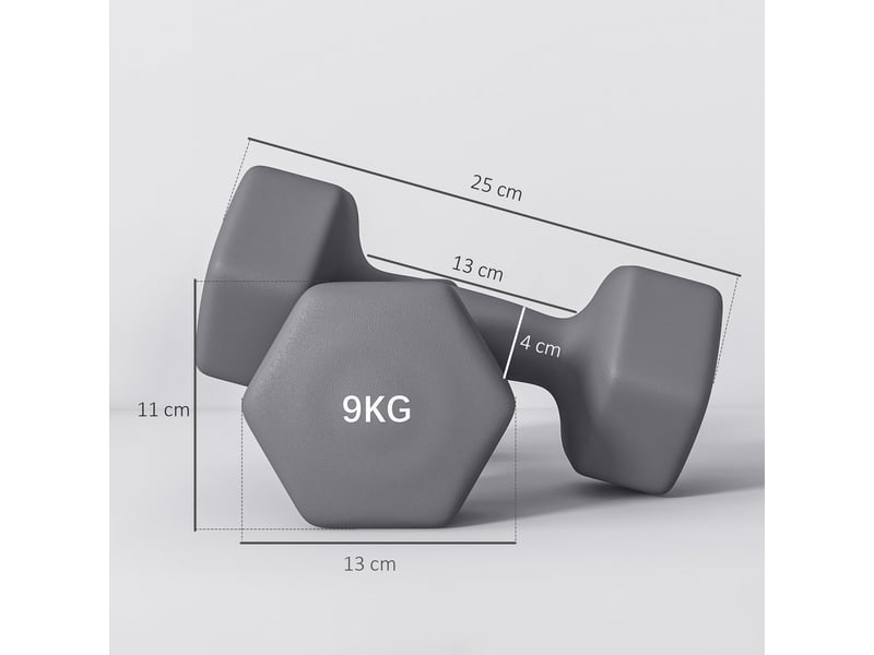  Lot de 2 haltères hexagonales de 9 kg en métal et plastique avec poignée antidérapante, 25 x 11 x 11 cm, grises  - Conforama E