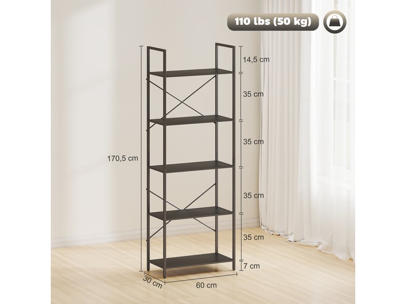  Étagère livres 5 niveaux style industriel, métal, rangement ouvert salonbureau, noire, 60x30x170,5 cm.  - Conforama E