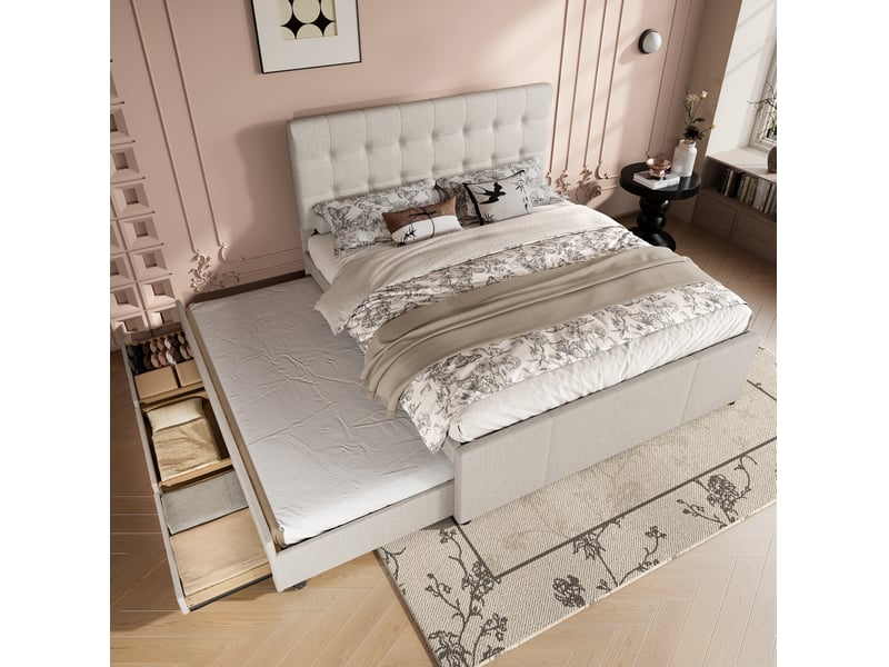  Lit 2 places rembourré 140x200 cm avec lit gigogne et 3 tiroirs beige  - Conforama D