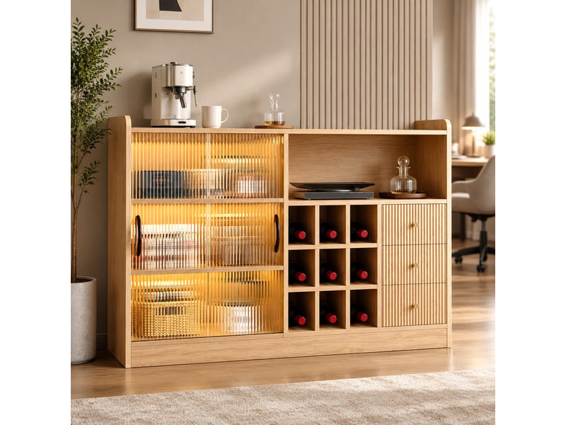 Buffet de rangement avec casier à vin et led - lpospi - portes coulissantes en verre, bois naturel 120 cm - Conforama B