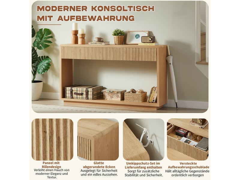 Console avec 2 tiroirs et niche ouverte, façades rainurées, pour entrée et salon, en panneaux, naturel, 150 × 35 × 85 cm - Conforama E