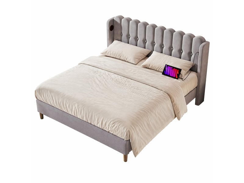  Lit 2 places 180x200 cm gris en tissu, avec lattes et usb type c  - Conforama A