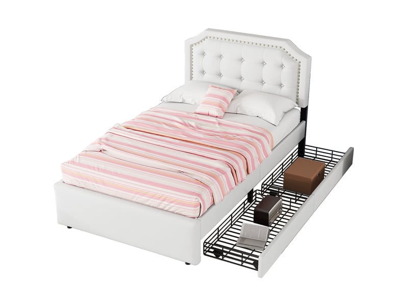  Lit enfant 90x200 cm avec 2 tiroirs, tête de lit matelassée à boutons et clous décoratifs, mdf, lin, beige clair, sans matelas  - Conforama A
