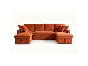 Canapé panoramique convertible 4 places en velours côtelé avec coffre - terracotta mahé