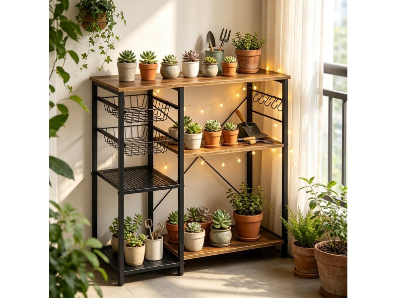 Meuble de rangement cuisine 90x40x82 cm ouvert avec paniers et crochets, panneau de particules et métal, noir et marron - Conforama C