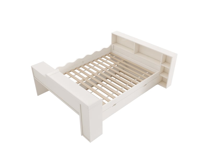 Lit gigogne 140x200 cm blanc avec couchage 90x190 cm, led, prises, rangements et tablette Fay Lum - Conforama E