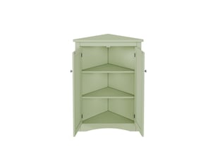 Meuble d'angle triangulaire avec porte en verre ondulé, étagère ouverte, éclairage led intégré et étagères réglables