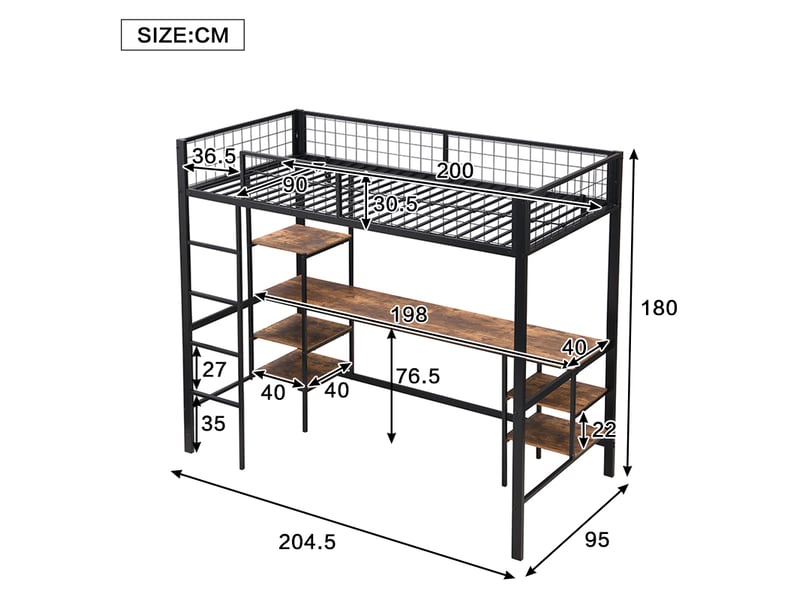  Lit mezzanine 90x200cm, lit 1 place avec bureau, étagères de rangement, escalier et sommier, lit en métal+aggloméré, noir, sans matelas  - Conforama D