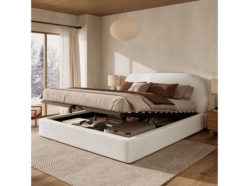  Lit rembourré coffre hydraulique 160x200 cm avec tête de lit capitonnée et rangement-sommier à lattes-bouclé beige  - Conforama B