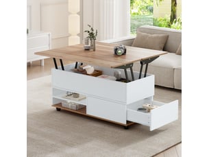 Table basse relevable 100 x 98 x 65 cm – blanc et bois naturel – rangement intégré et roulettes