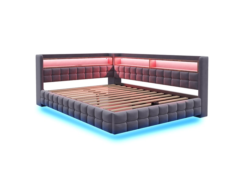  Lit capitonné 140x200 cm gris, led, prises usb type-c, coffre hydraulique et étagère  - Conforama A