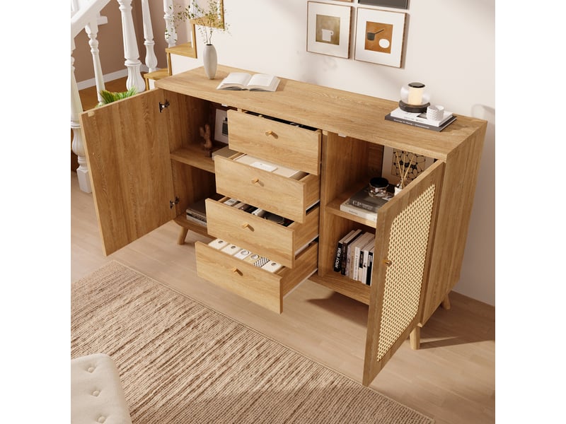  Buffet chêne clair 140 × 40 × 86 cm, 4 tiroirs et 2 portes effet rotin IKSETERA TRADING LTD - Conforama E