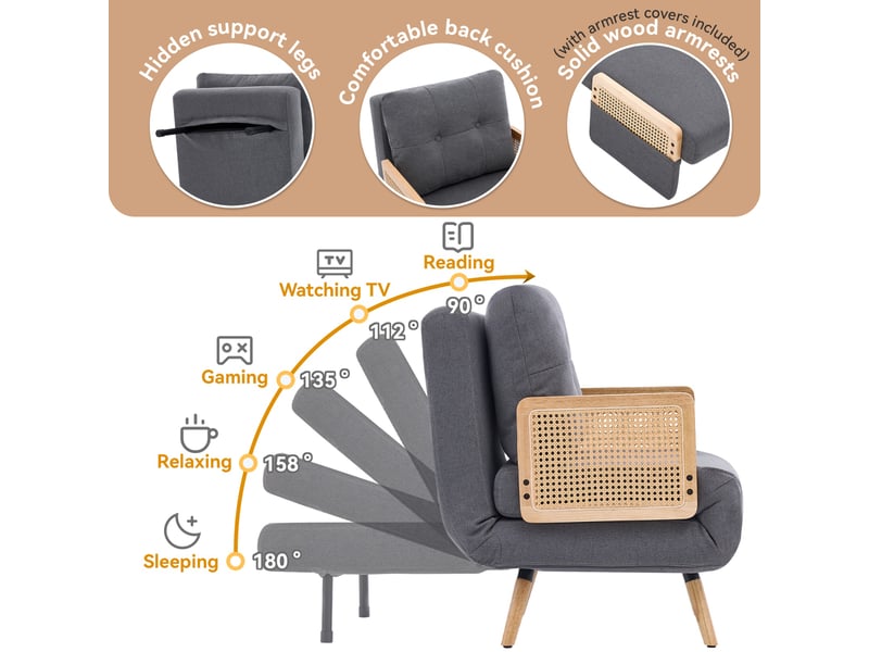 Fauteuil convertible 3-en-1 67.5x73x86.5cm – avec armlehnen en rotin, dossier réglable 5 positions et coussin lombaire – tissu de lin - anthracite - Conforama E