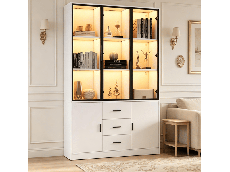  Vitrine 5 portes dont 3 vitrées, 3 tiroirs et led rgb pour salon en panneaux de particules blancs 120 × 30 × 200 cm  - Conforama D
