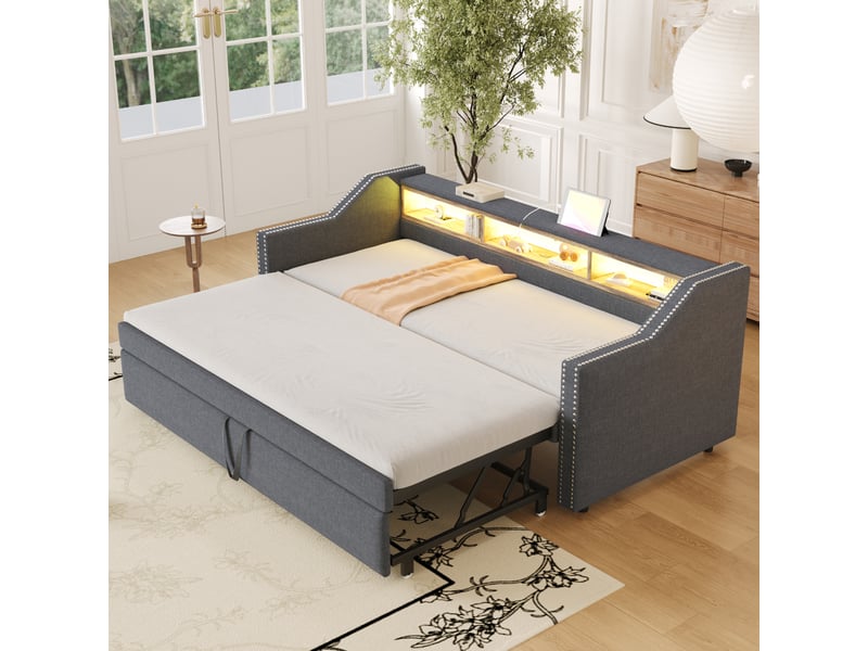  Lit canapé escamotable en toile de jute gris foncé 90x190 cm  - Conforama D