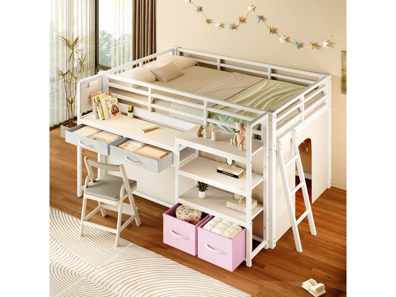  Lit mezzanine enfant 140 x 200 cm avec bureau intégré, rangement et tiroirs en tissu, métal blanc, éclairage led multicolore  - Conforama B