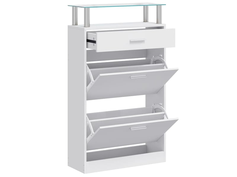  Meuble à chaussures, armoire à chaussures avec tiroir et plateau en verre bois blanc  - Conforama C