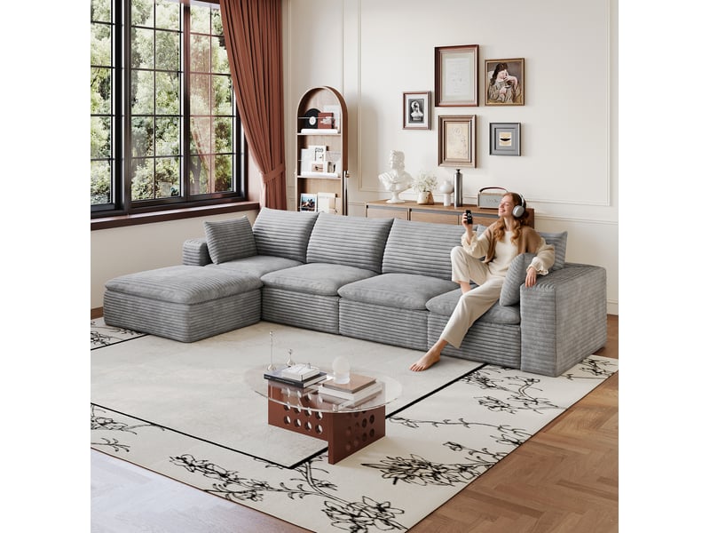  Canapé d’angle modulable 5 places avec méridienne gauche, coussins amovibles en velours côtelé gris foncé  - Conforama E