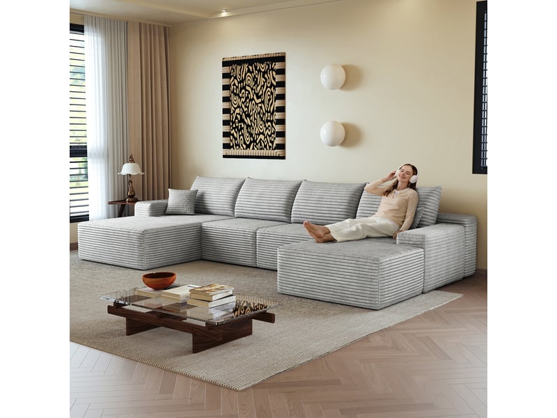 Canapé modulable d’angle en mousse 340 cm, méridienne en l, velours côtelé, assise profonde – gris IKSETERA TRADING LTD - Conforama D